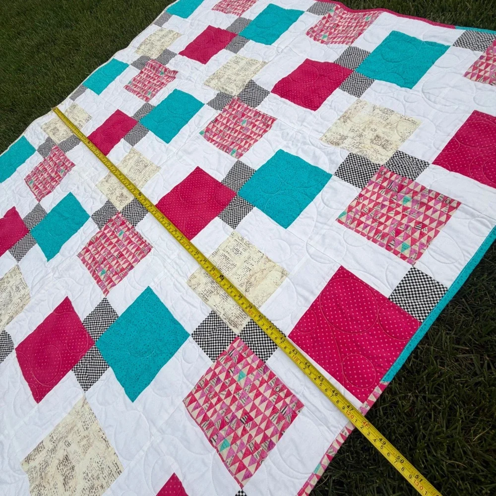 Love Sews Ministry Handmade Patchwork Quilt Pink Turquoise Geometric Throw 64x48